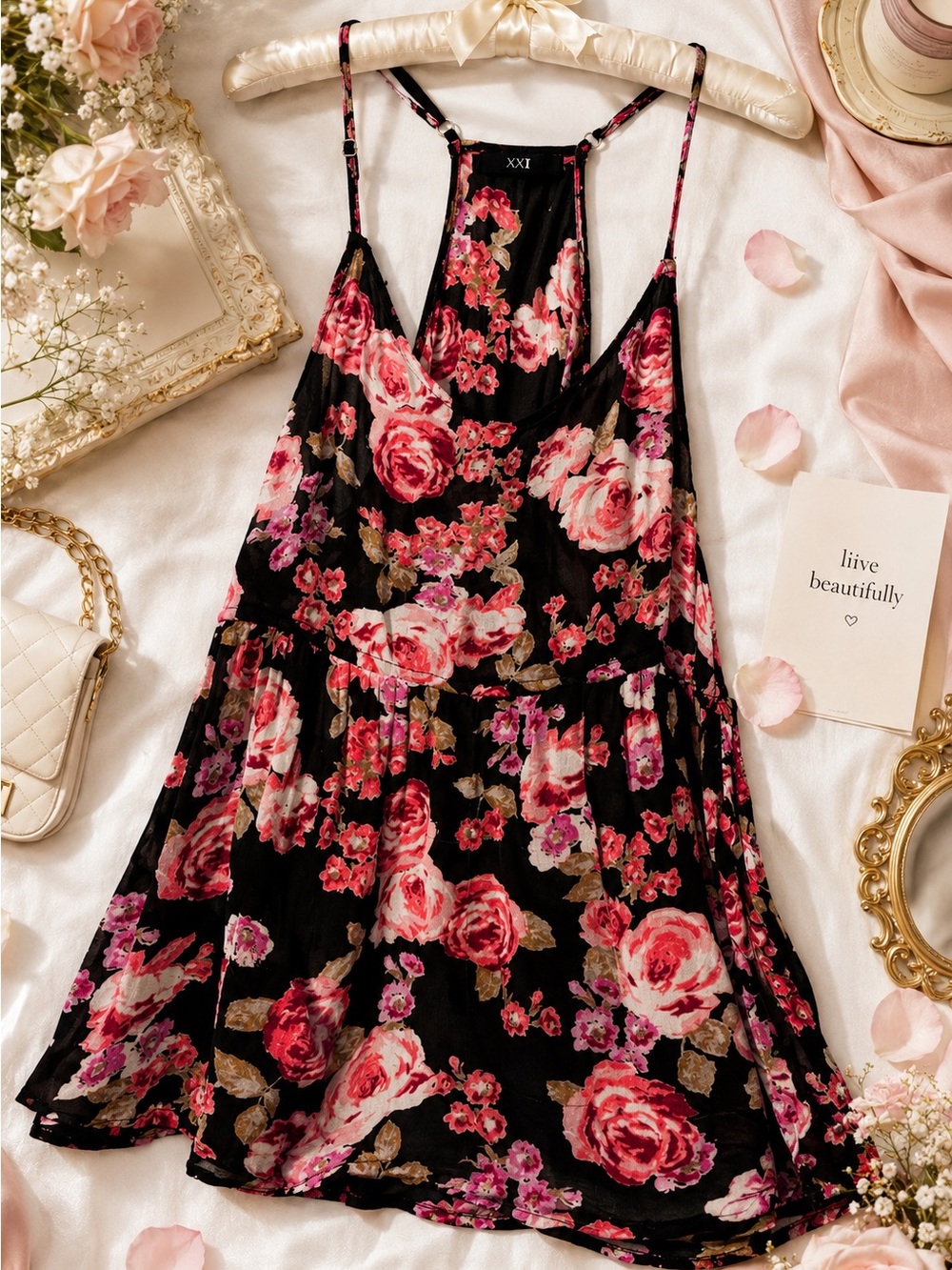 Romantic Rose Print Cami Tank Top | Black Floral Racerback | Size M